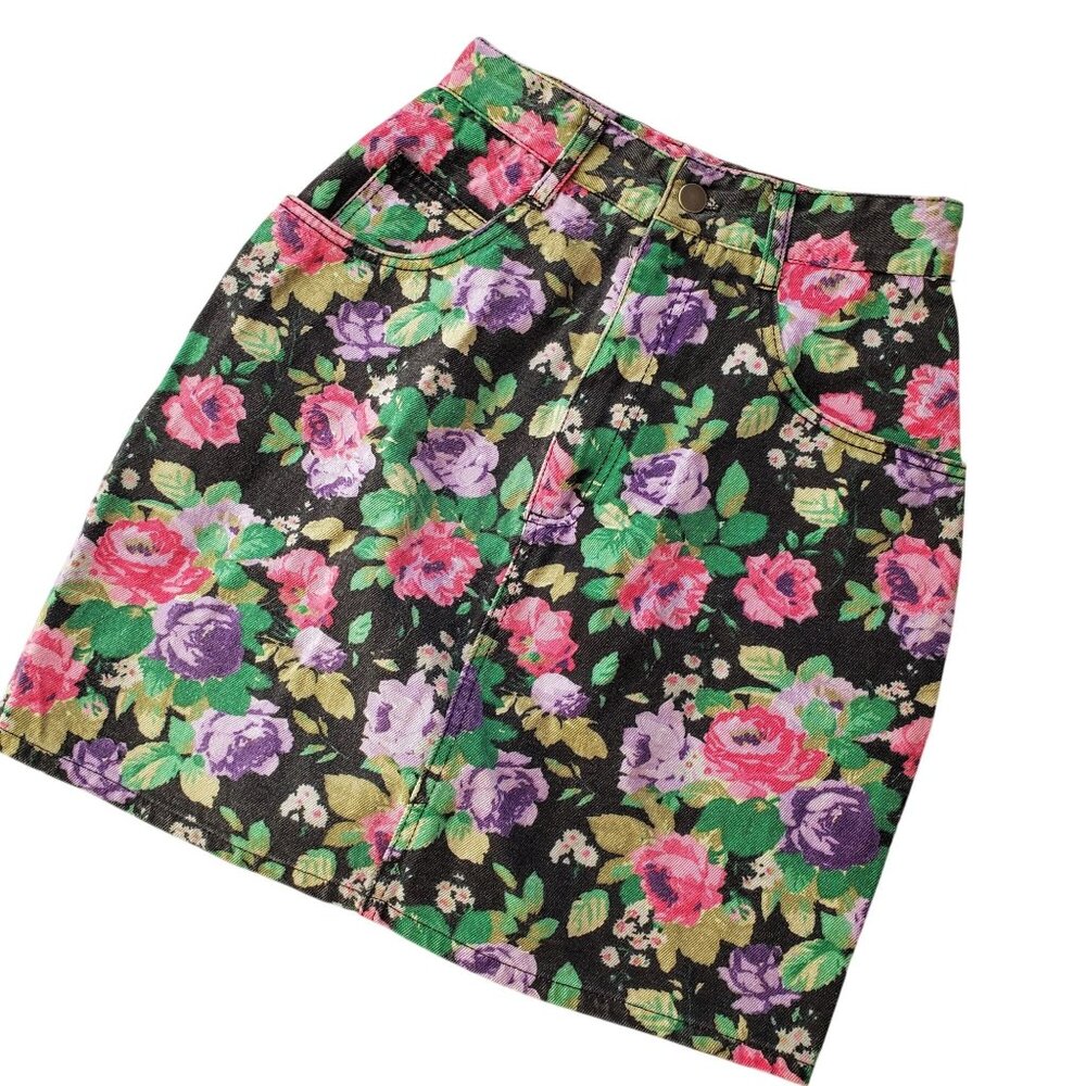 Vintage 80s 90s Floral Denim Skirt XS Breaker Jeans Pinch Waist Retro Mini